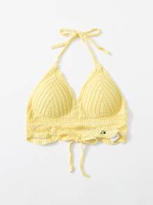 系带露背钩针比基尼上衣，适合夏季海滩度假 - 黃色 - 查看 3