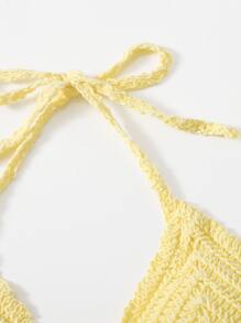 系带露背钩针比基尼上衣，适合夏季海滩度假 - 黃色 - 查看 4