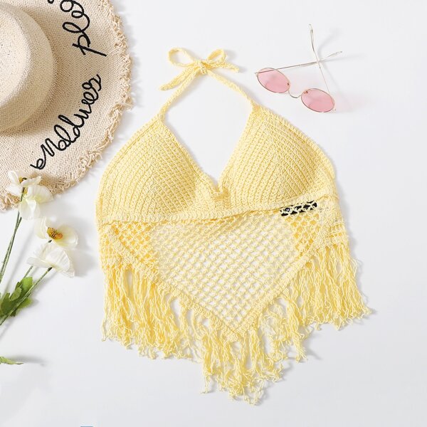 

Halterneck Tied Backless Fringe Hem Bikini Top, Yellow