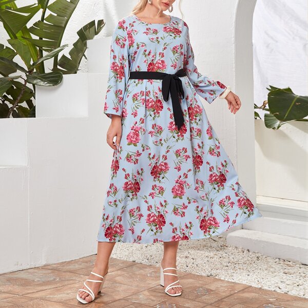 

Plus Floral Print Self Tie Dress, Multicolor