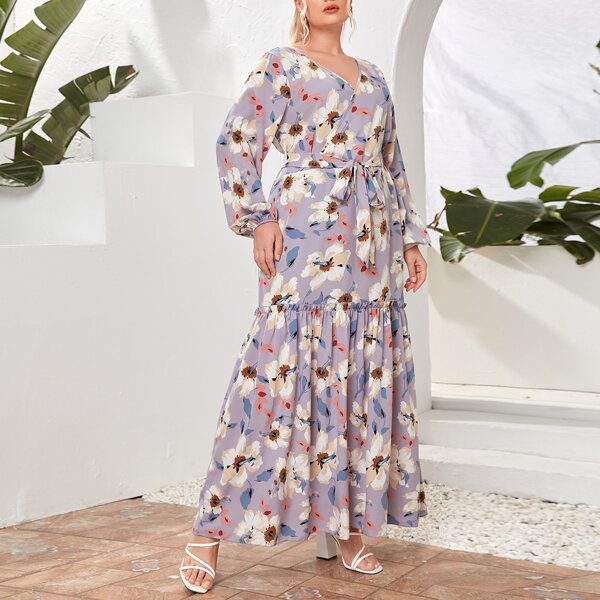 

Plus Allover Floral Print Ruffle Hem Belted Dress, Multicolor