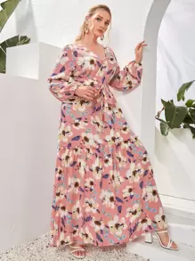 Vestido con cinturón bajo con fruncido con estampado floral - Multicolor - Ver 1