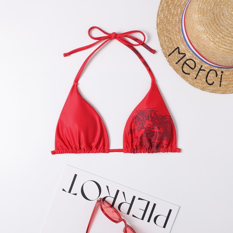

Chinese Dragon Print Triangle Bikini Top, Red