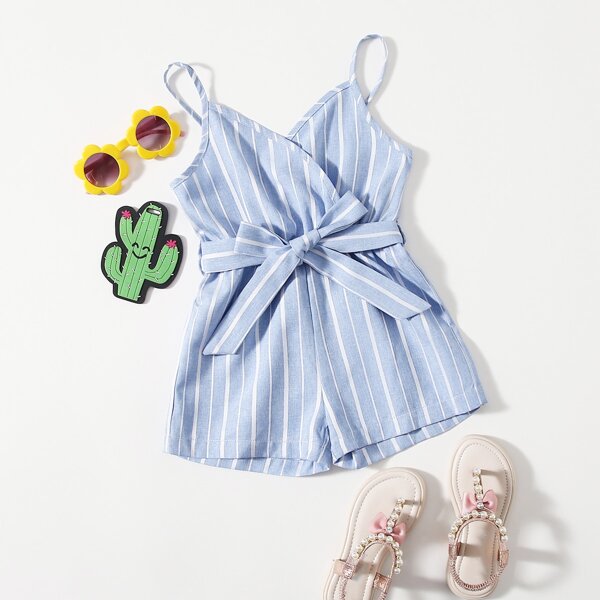 

Toddler Girls Striped Wrap Belted Cami Romper, Baby blue