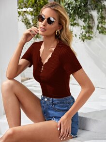 SHEIN Essnce Scallop Edge V-neck Button Detail Rib-knit Tee