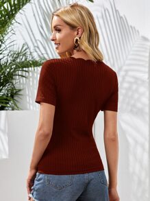 SHEIN Essnce Scallop Edge V-neck Button Detail Rib-knit Tee