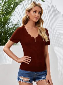 SHEIN Essnce Scallop Edge V-neck Button Detail Rib-knit Tee