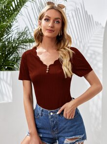 SHEIN Essnce Scallop Edge V-neck Button Detail Rib-knit Tee