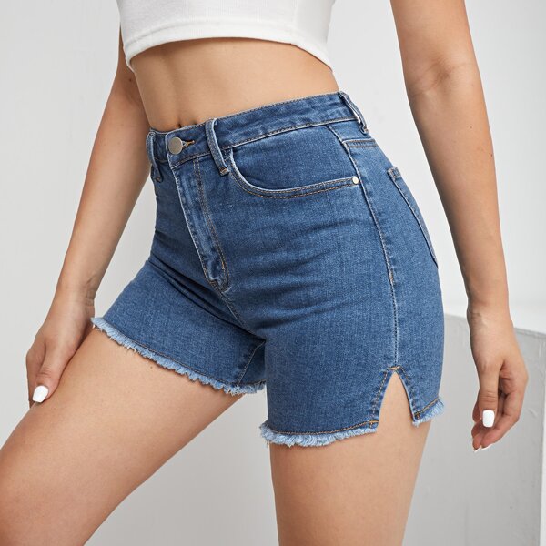 

Raw Hem Split Side Denim Shorts, Medium wash