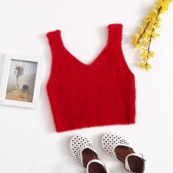 

Girls V-neck Fuzzy Knit Top, Red