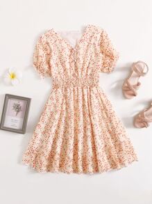 Girls Ditsy Floral Shirred Swing Dress
