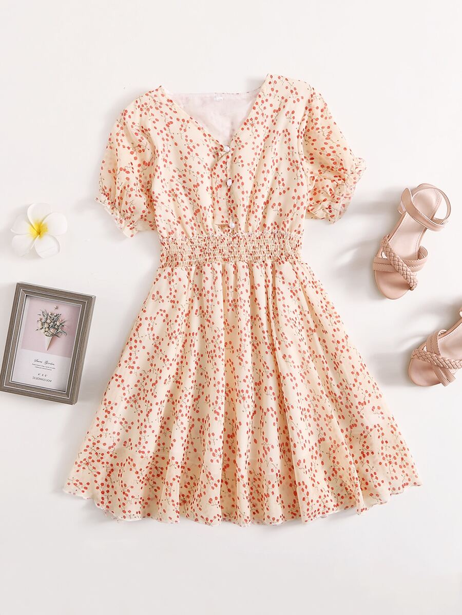 Girls Ditsy Floral Shirred Swing Dress