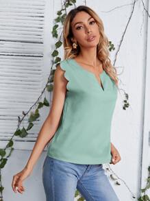SHEIN Clasi Notched Neck Scallop Trim Top - Mint Green - View 4