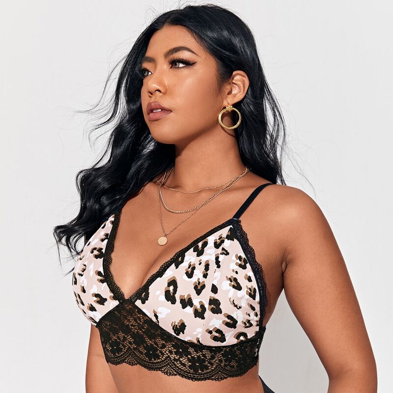 

Plus Leopard Print Contrast Lace Bralette, Multicolor