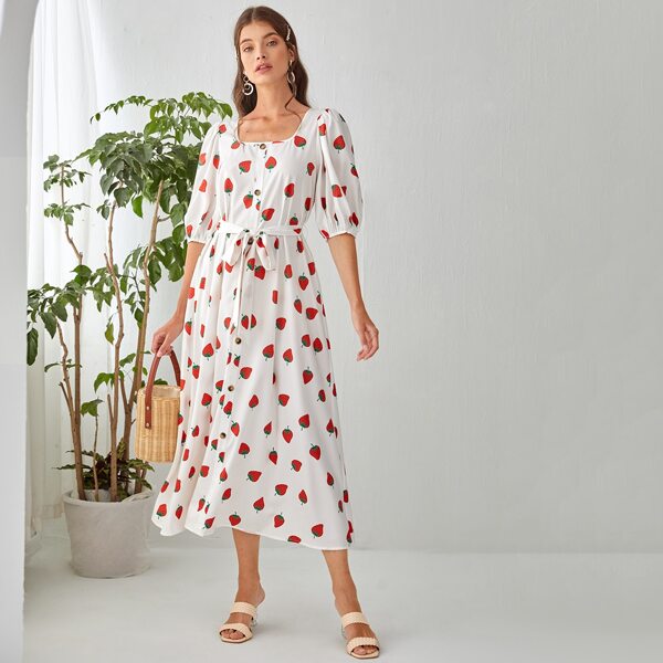 

Scoop Neck Puff Sleeve Strawberry Print Dress, Multicolor