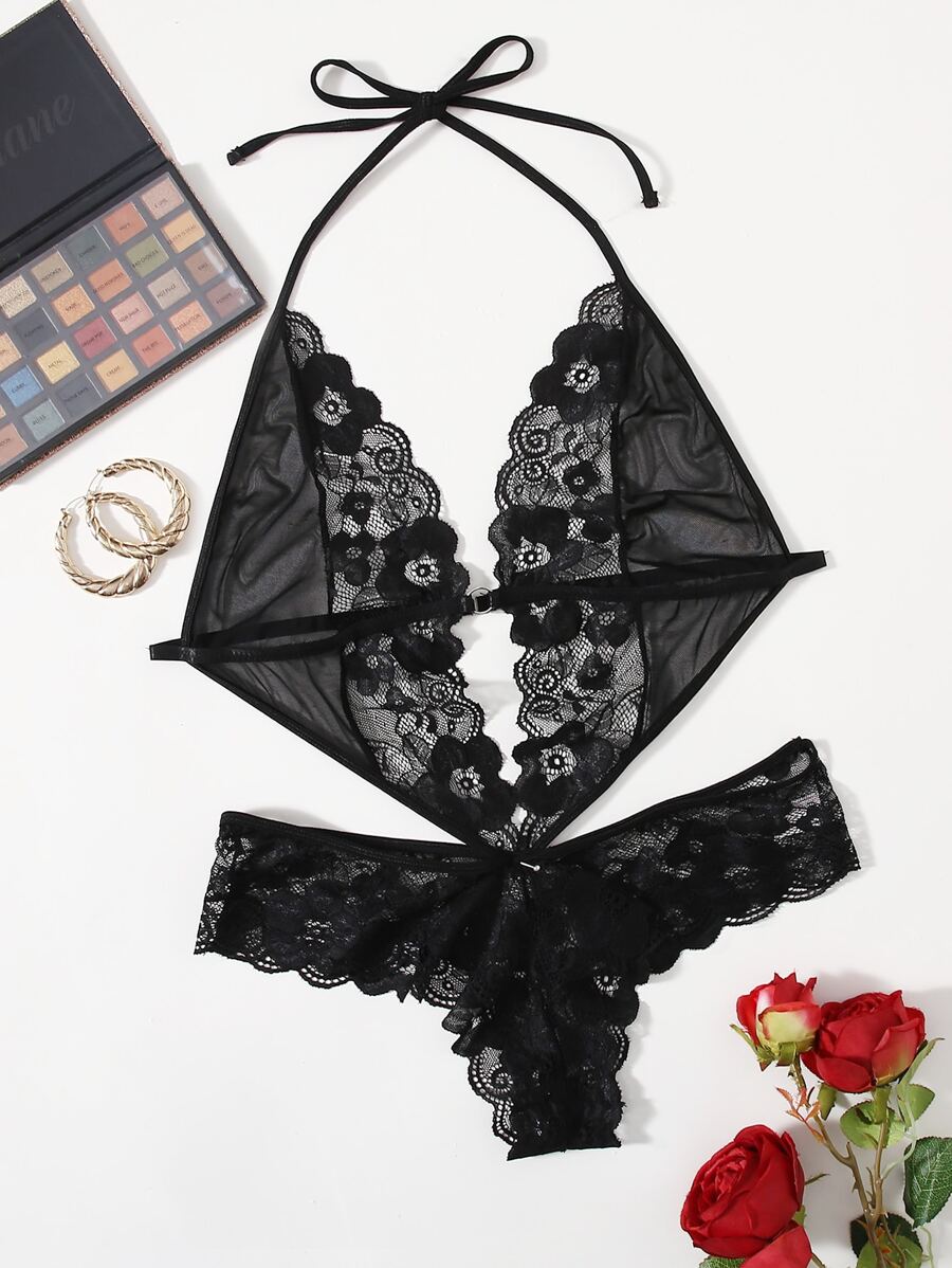 Plus Contrast Lace Mesh Scallop Trim Teddy Bodysuit - Black - View 1