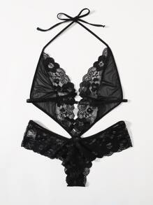 Plus Contrast Lace Mesh Scallop Trim Teddy Bodysuit - Black - View 2