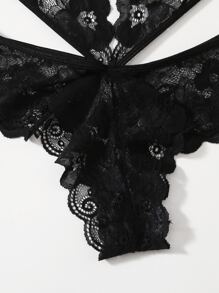 Plus Contrast Lace Mesh Scallop Trim Teddy Bodysuit - Black - View 3