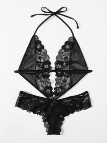 Plus Contrast Lace Mesh Scallop Trim Teddy Bodysuit - Black - View 4
