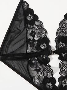 Plus Contrast Lace Mesh Scallop Trim Teddy Bodysuit - Black - View 5