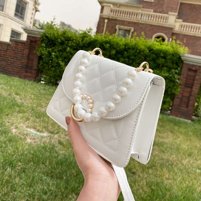 

Faux Pearl Handle Quilted Satchel Bag, White