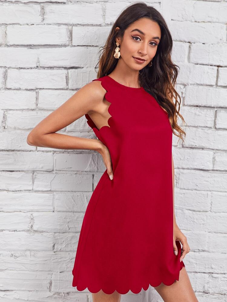 SHEIN Scallop Trim Dress - Red - View 5