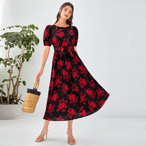 

Puff Sleeve Self Belted Floral Dress, Multicolor