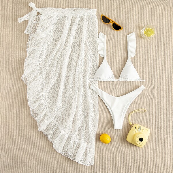 

3pack Ruffle Trim Micro Triangle Bikini Swimsuit & Cover Up, White