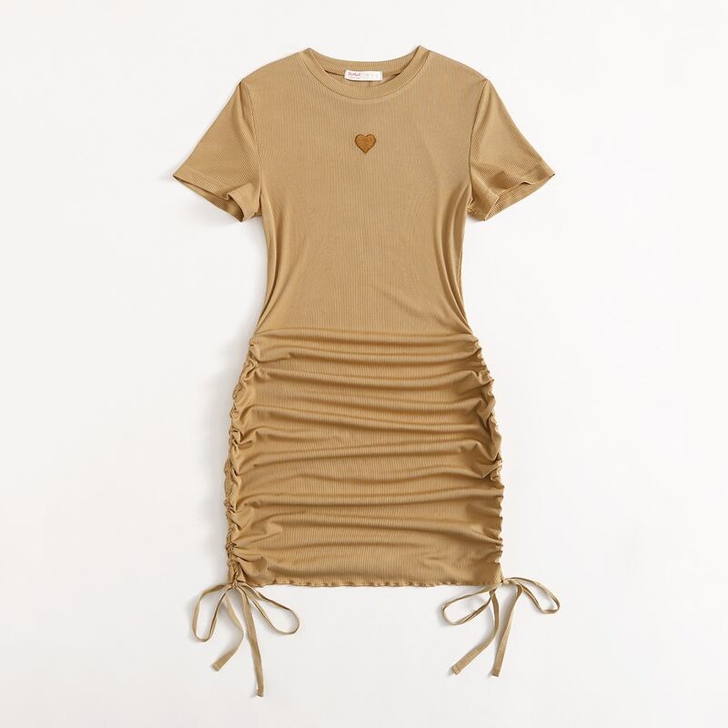 

Heart Graphic Drawstring Ruched Tee Dress, Brown