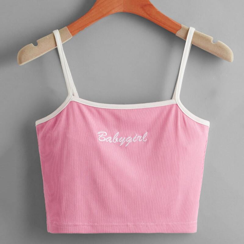 

Letter Embroidery Ribbed Crop Cami, Pink
