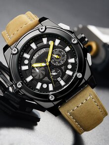 MEGIR Men Triple Dial Date Quartz Watch - Black - View 1