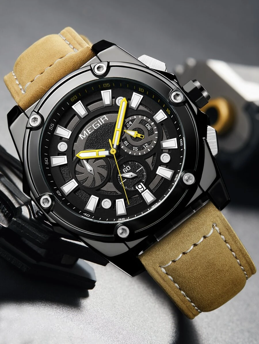 MEGIR Men Triple Dial Date Quartz Watch - Black - View 1