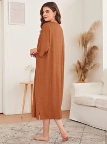 SHEIN Unity Drop Shoulder Slit Hem Night Dress - Brown - View 2