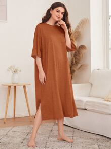 SHEIN Unity Drop Shoulder Slit Hem Night Dress - Brown - View 3