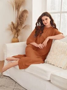 SHEIN Unity Drop Shoulder Slit Hem Night Dress - Brown - View 4