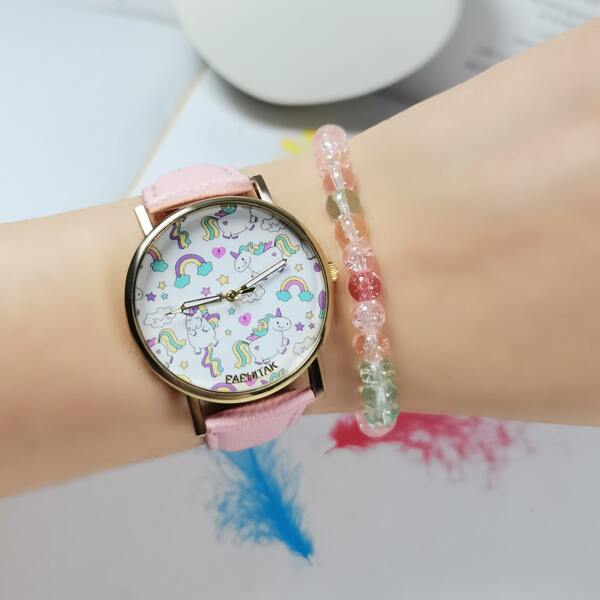 

1pc Cartoon Unicorn Round Pointer Watch & 1pc Bracelet