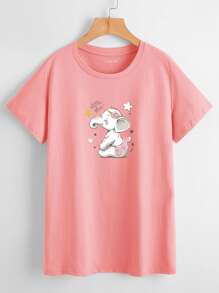 Camiseta de cuello redondo con estampado de dibujos animados - Rosa coral - Ver 1