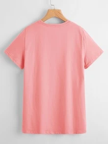 Camiseta de cuello redondo con estampado de dibujos animados - Rosa coral - Ver 2