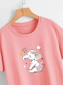 Camiseta de cuello redondo con estampado de dibujos animados - Rosa coral - Ver 4