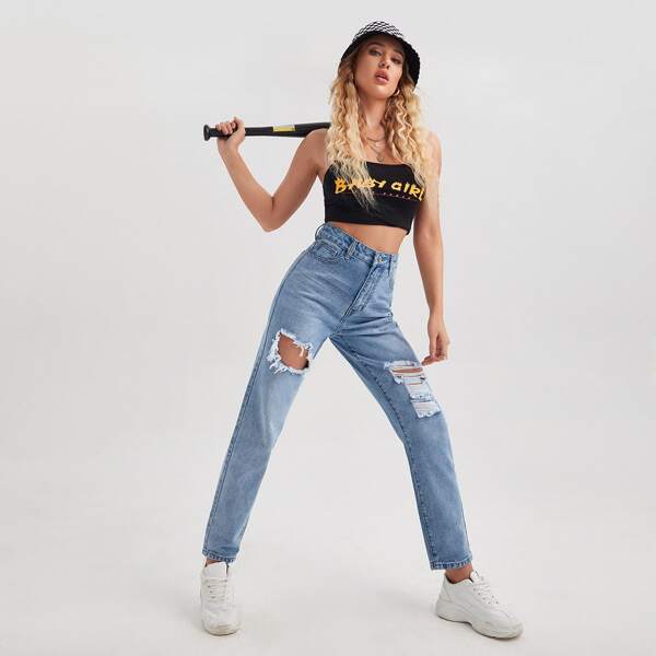 

Zipper Fly Ripped Detail Jeans, Light wash