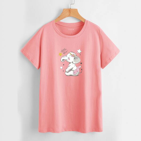 

Cartoon Graphic Crew Neck Tee, Coral pink