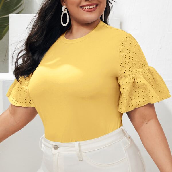 

Plus Eyelet Embroidered Bell Sleeve Top, Yellow
