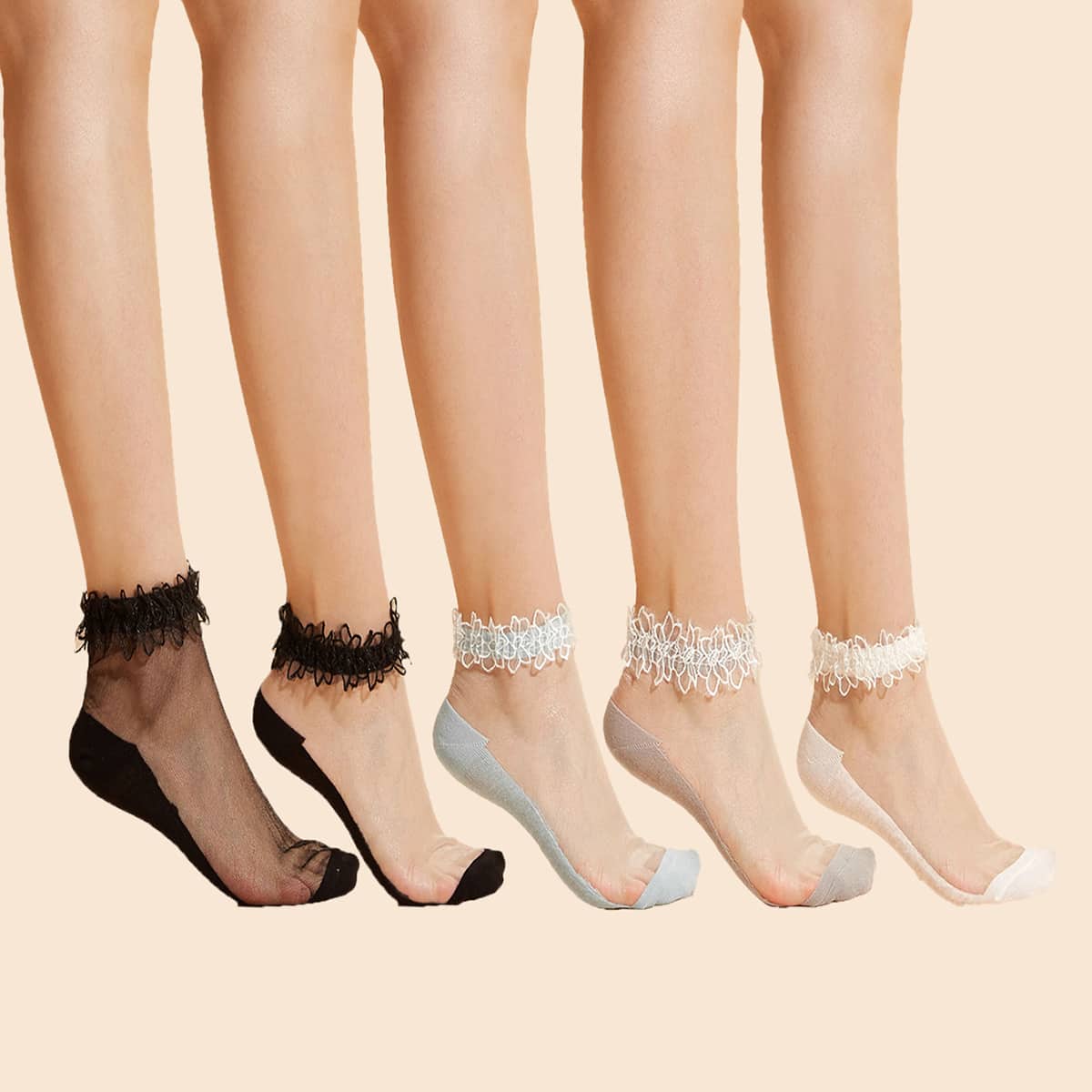 

Random 5pairs Contrast Mesh Ankle Socks, Multicolor
