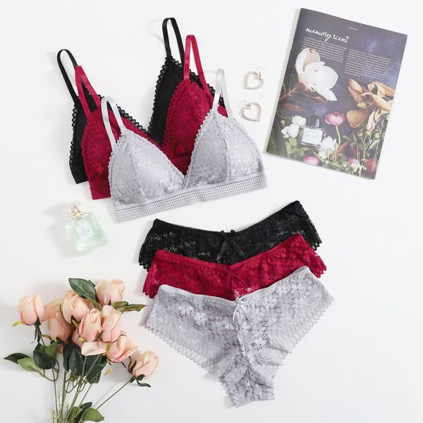 

3sets Floral Lace Lingerie Set, Multicolor