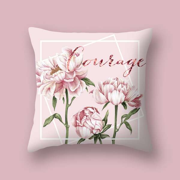 

Flower Print Cushion Cover Without Filler, Pink