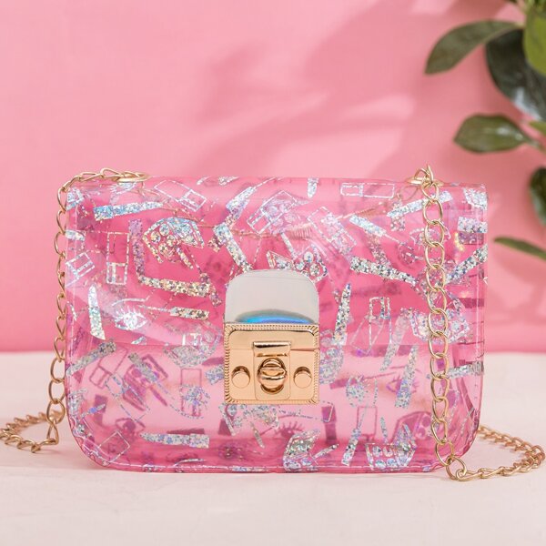 

Clear Glitter Twist Lock Chain Bag, Pink