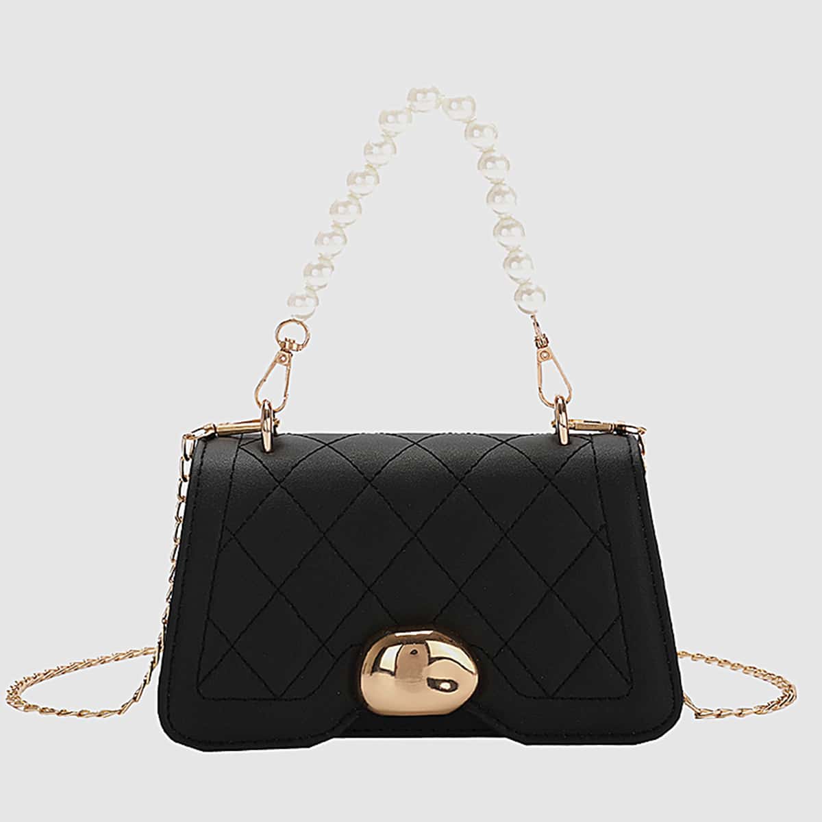 

Faux Pearl Handle Quilted Satchel Bag, Black