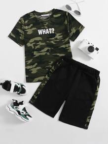 SHEIN Boys Camo Print Tee & Contrast Sideseam Shorts Set - Multicolor - View 1