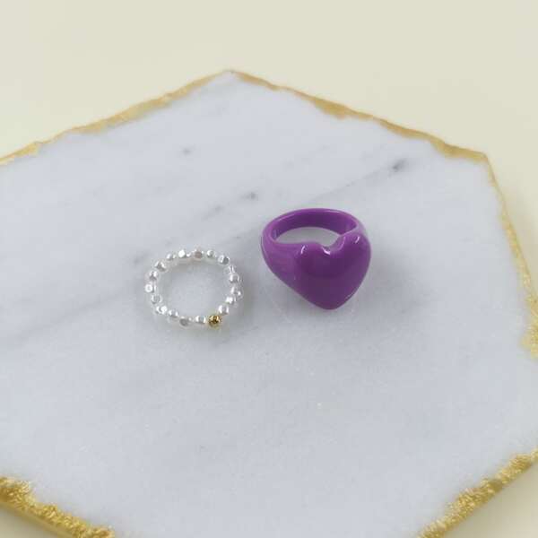 

2pcs Faux Pearl Detail Ring, Purple