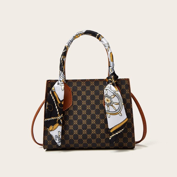 

Twilly Scarf Decor Geometric Graphic Satchel Bag, Brown